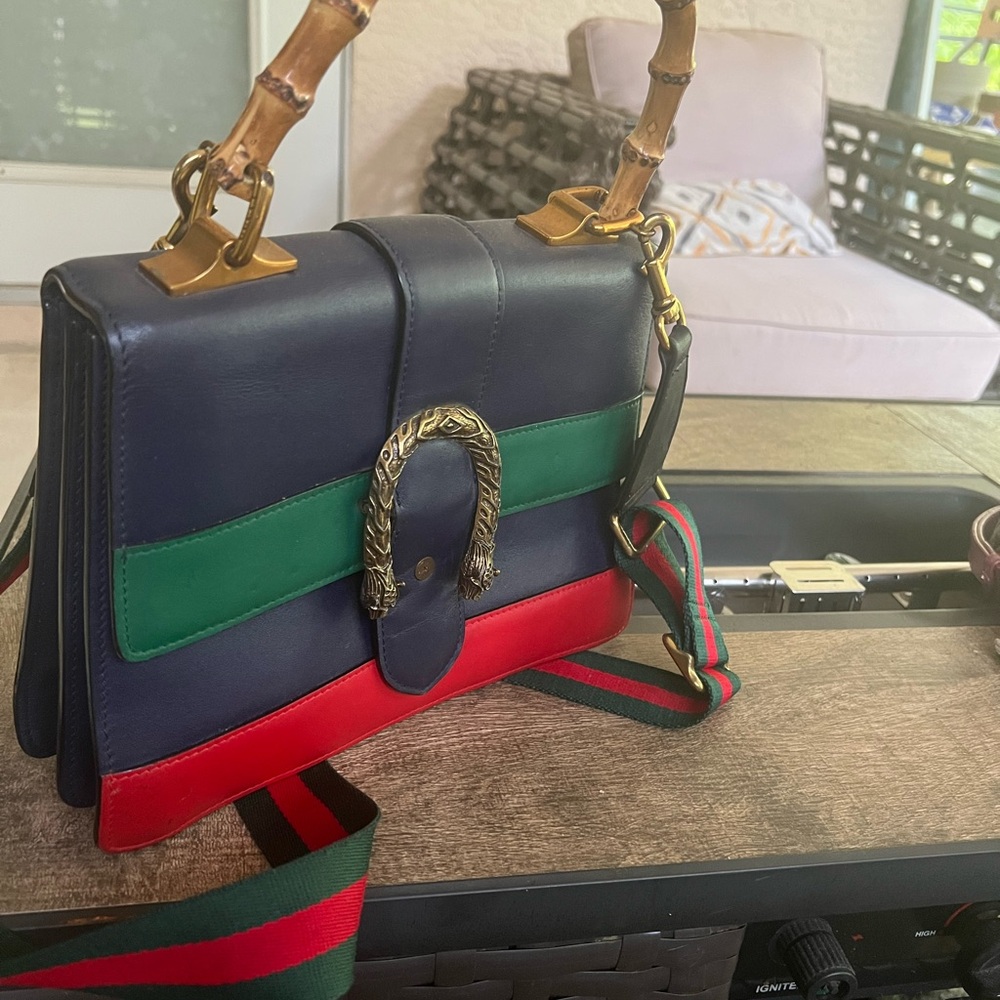 Gucci Blue and Green Shoulder Bag with Tiger Head Closure